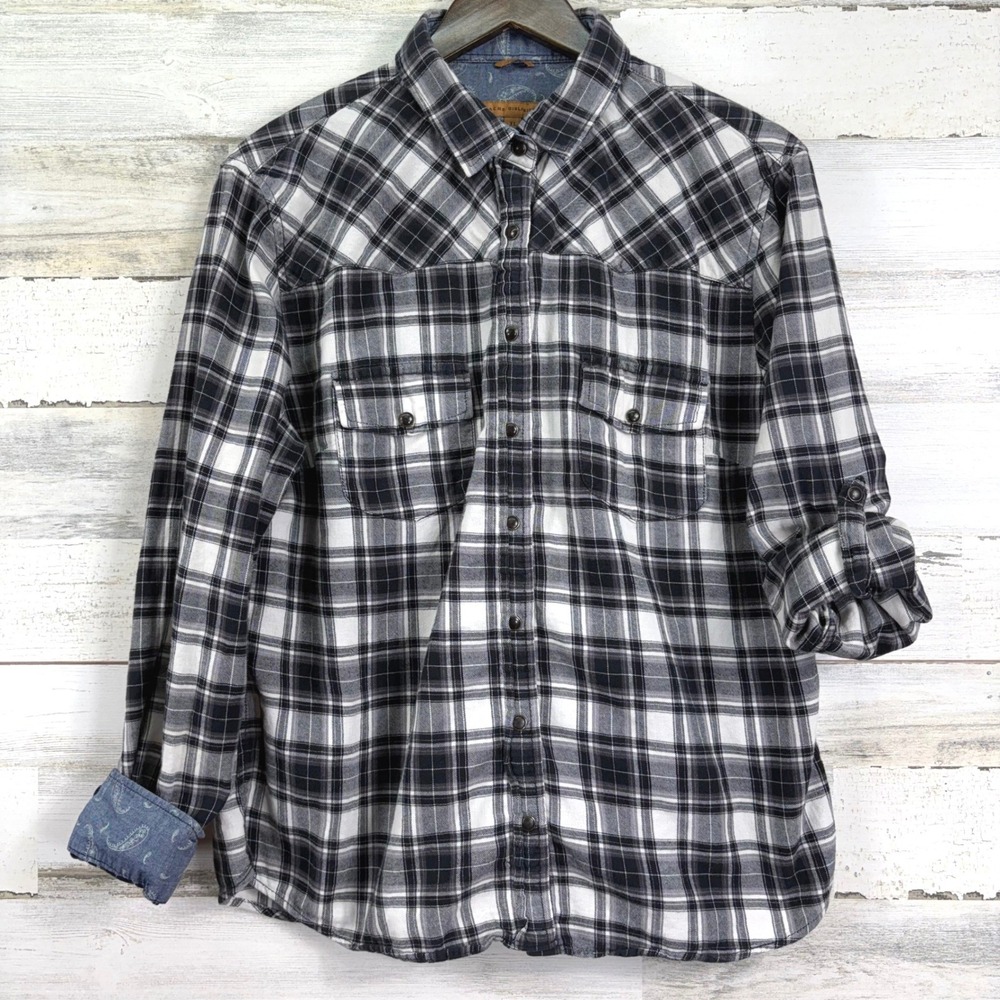 Jachs‎ Girlfriend Womens Plaid Flannel Snap Front Shirt XL Black White Roll Tab